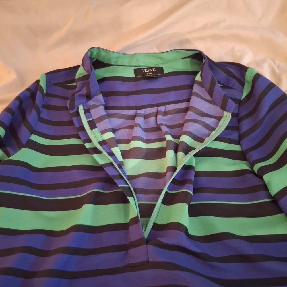Verve Ami Women's Blue and Green Striped 3/4 Sleeve Blouse - Picture 5 of 7